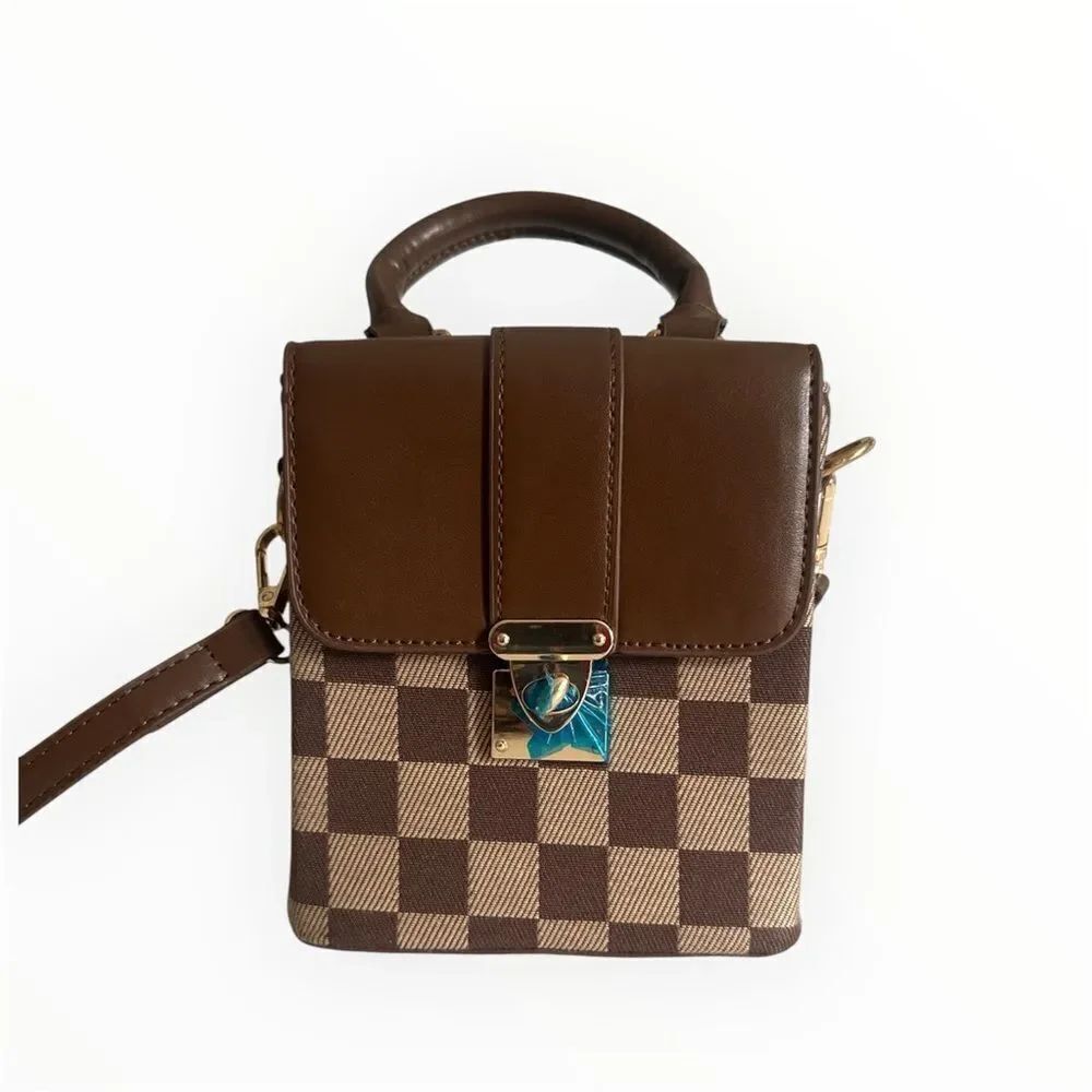 Elegant Brown Checkered Crossbody Bag NWT